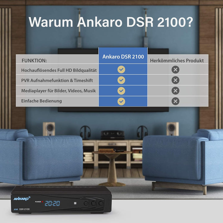 ANKARO DSR 2100 digitaler Full HD 1080p Satelliten Receiver schwarz mit USB Mediaplayer, Aufnahmefun