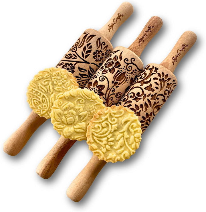 FLORET 3-er SET Kinder Nudelhölzer. Teigrolle mit Lotus, Kaschmir, Paisley blühende, Rebe und Lilie
