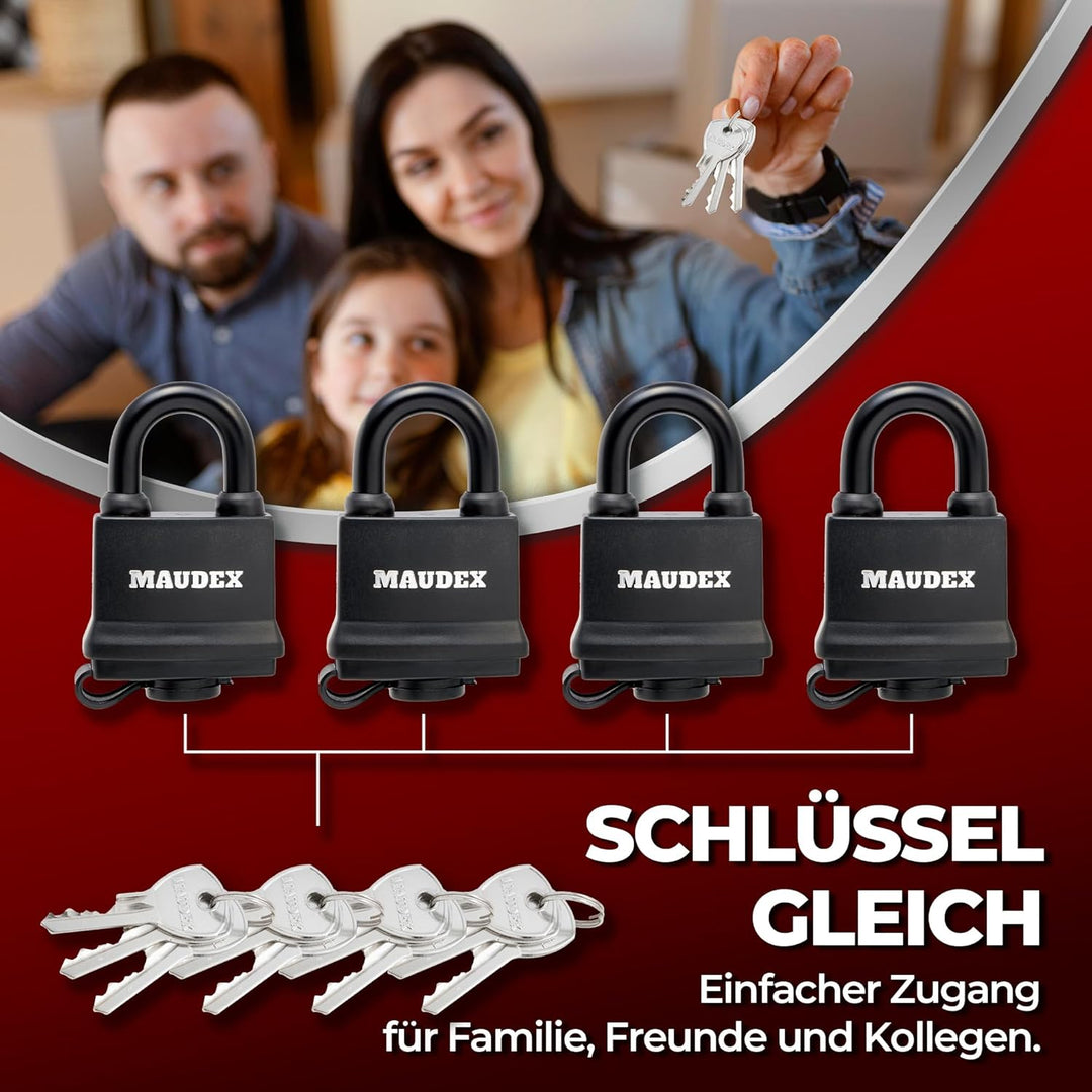 Maudex® IP450 Schwerlast Wasserdichtes Outdoor Vorhängeschloss mit 12 Schlüssel - 4er Set, 9 mm Schn