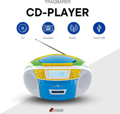 SCHWAIGER 661644 CD-Player mit Kassette und Radio MP3 USB Anschluss FM Radio AUX Kopfhörer Boombox N