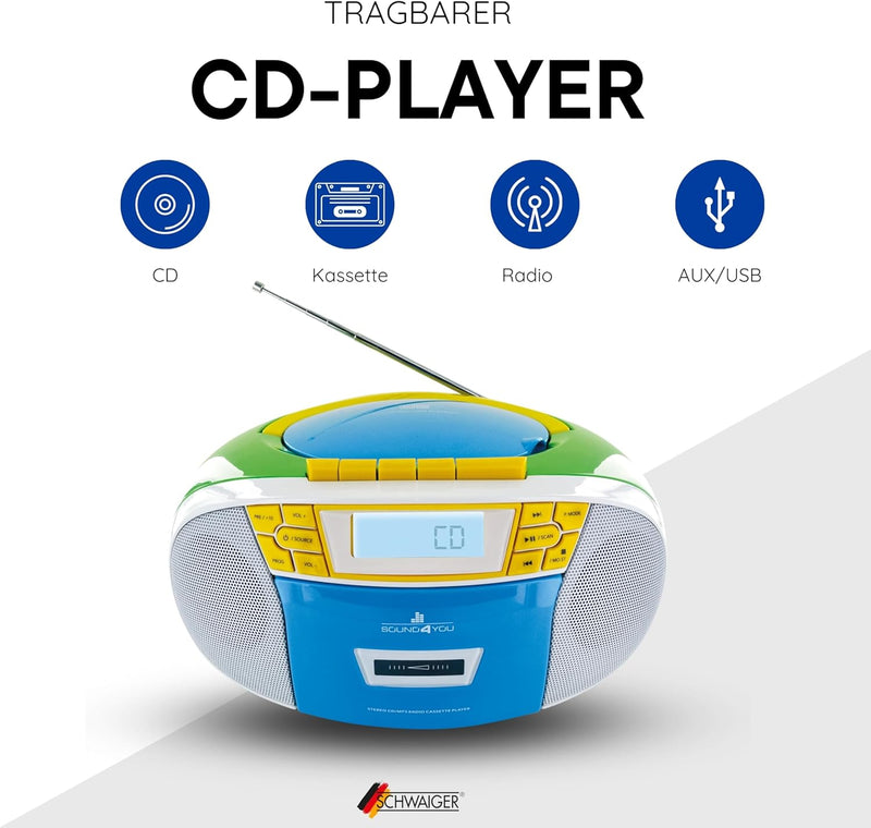 SCHWAIGER 661644 CD-Player mit Kassette und Radio MP3 USB Anschluss FM Radio AUX Kopfhörer Boombox N