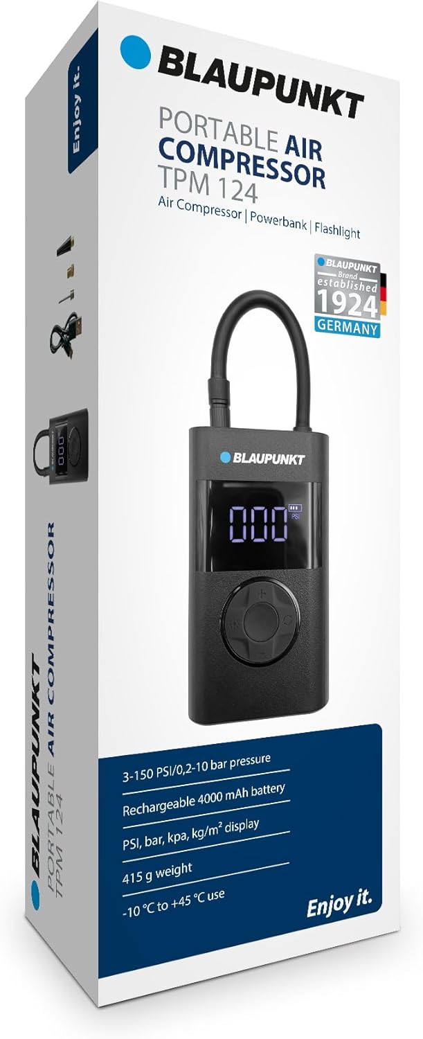 Blaupunkt Tragbare Akku-Luftpumpe TPM 124, Kompressor für Fahrräder, Motorräder, Auto & Bälle, mit P