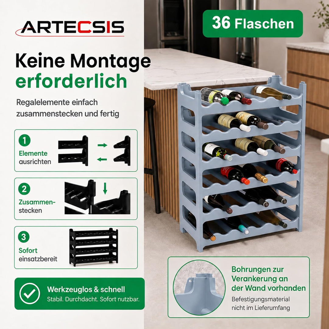 ARTECSIS Weinregal stapelbar Kunststoff für 36 Flaschen, stabiles Flaschenregal in Gastronomie-Quali
