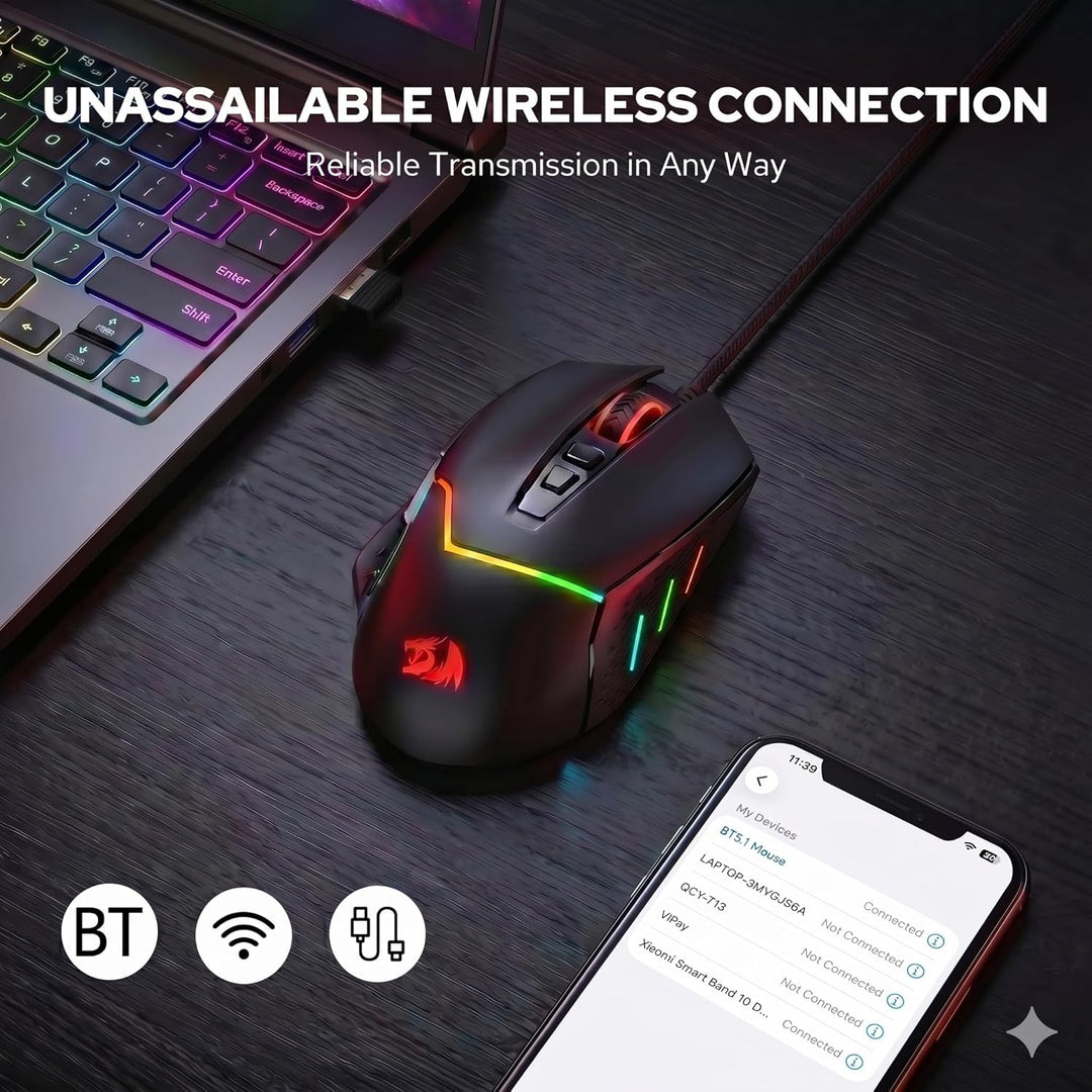 Redragon M690 3-Modus Wireless Gaming Maus 8000 DPI Kabelgebundene/Kabellose Gamer Maus mit Schnellf