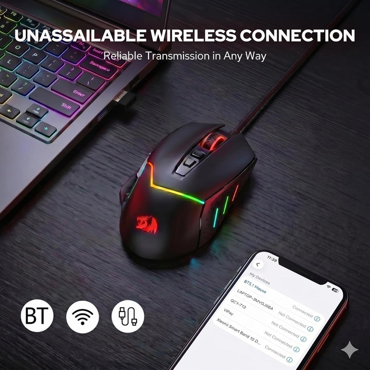 Redragon M690 3-Modus Wireless Gaming Maus 8000 DPI Kabelgebundene/Kabellose Gamer Maus mit Schnellf