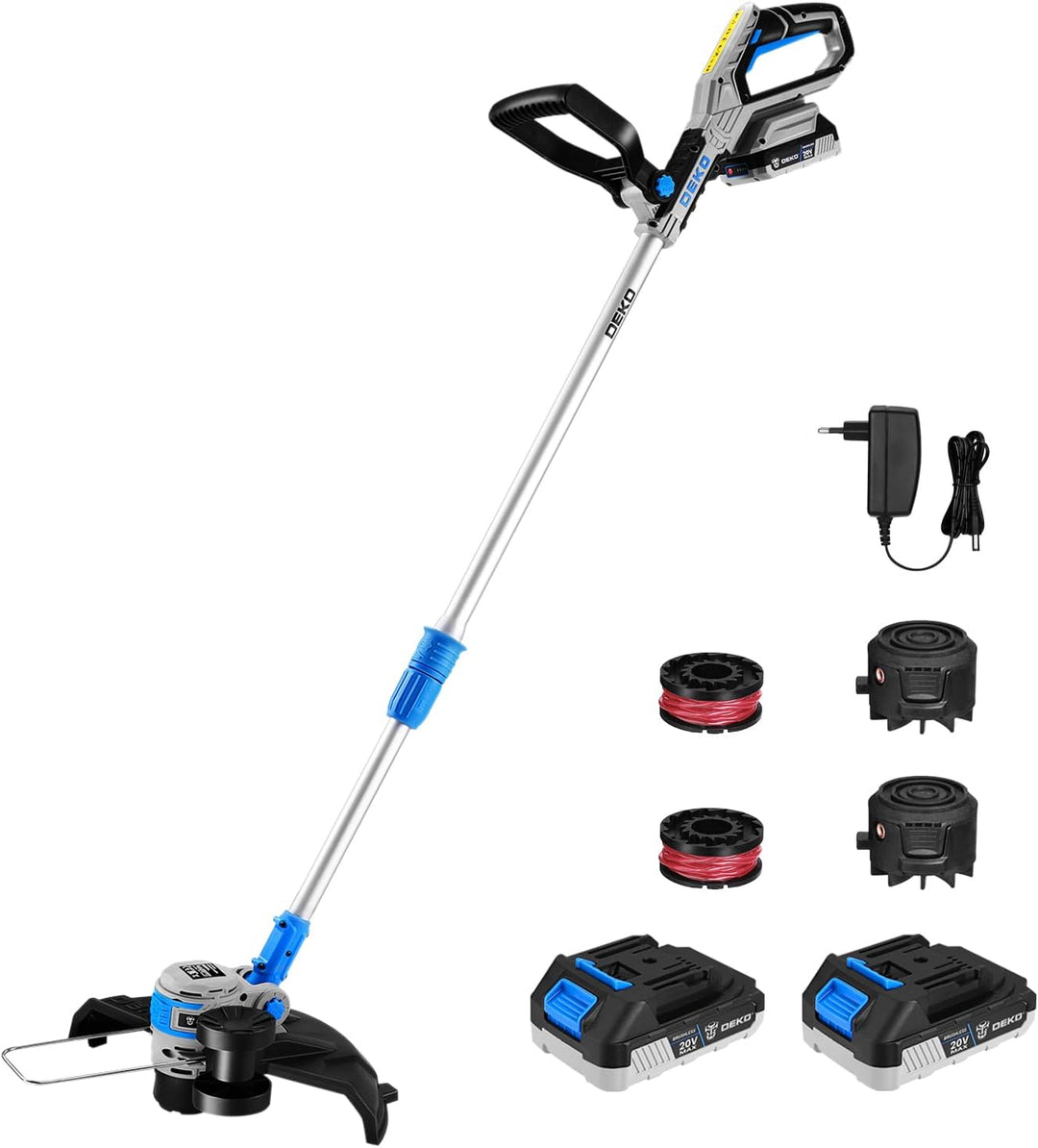 DEKOPRO Elektrischer Rasentrimmer, kabellos, mit 2 Batterien, 20 V, für Bearbeitungsarbeiten, Massiv