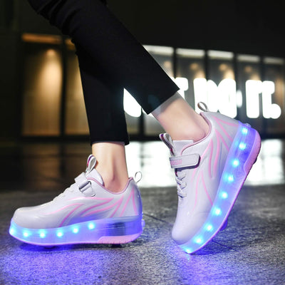 Sily Life Unisex Kinder USB Wiederaufladbar/LED Licht Skateboardschuhe mit Doppelrad Rollen/Fitnesss