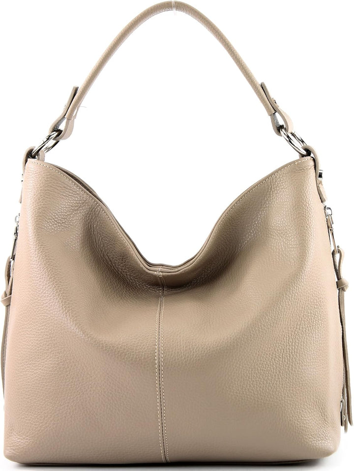 modamoda de T160 Damen Leder Schultertasche Gross, handmade in Italy Graubeige, Graubeige