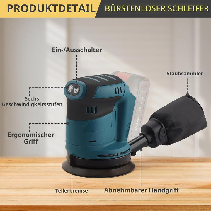 AMTOVL Exzenterschleifer Brushless Schleifmaschine Schleifgerät mit 5PCS 125mm Schleifpapier Schleif