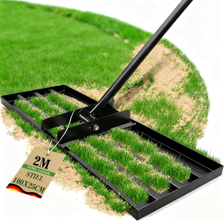 Rasen Nivellierungsrechen 100x25 cm, Rasenrechen mit 2M Verstellbarem Metallstiel, Handlicher Robust