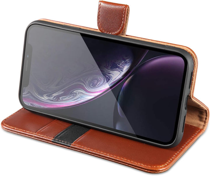 LENSUN Echtleder Hülle für iPhone XR, Handyhülle Leder [Kartenfach][Magnetverschluss][RFID Schutz] H