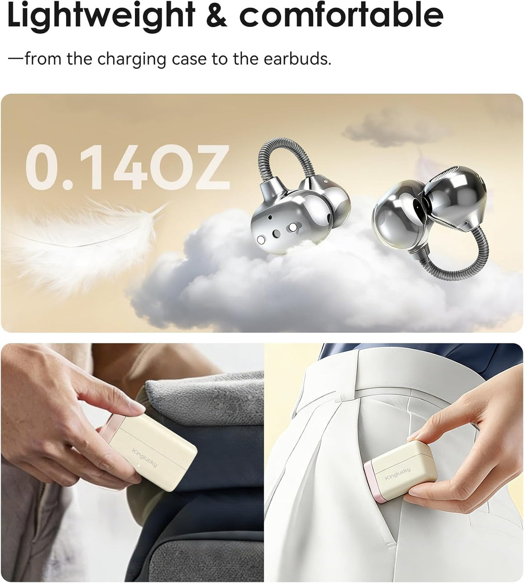 King Lucky Open-Ear Clip-On-Ohrhörer zum Laufen, Bluetooth 6.0 Kabellose Kopfhörer mit Speicherfeder