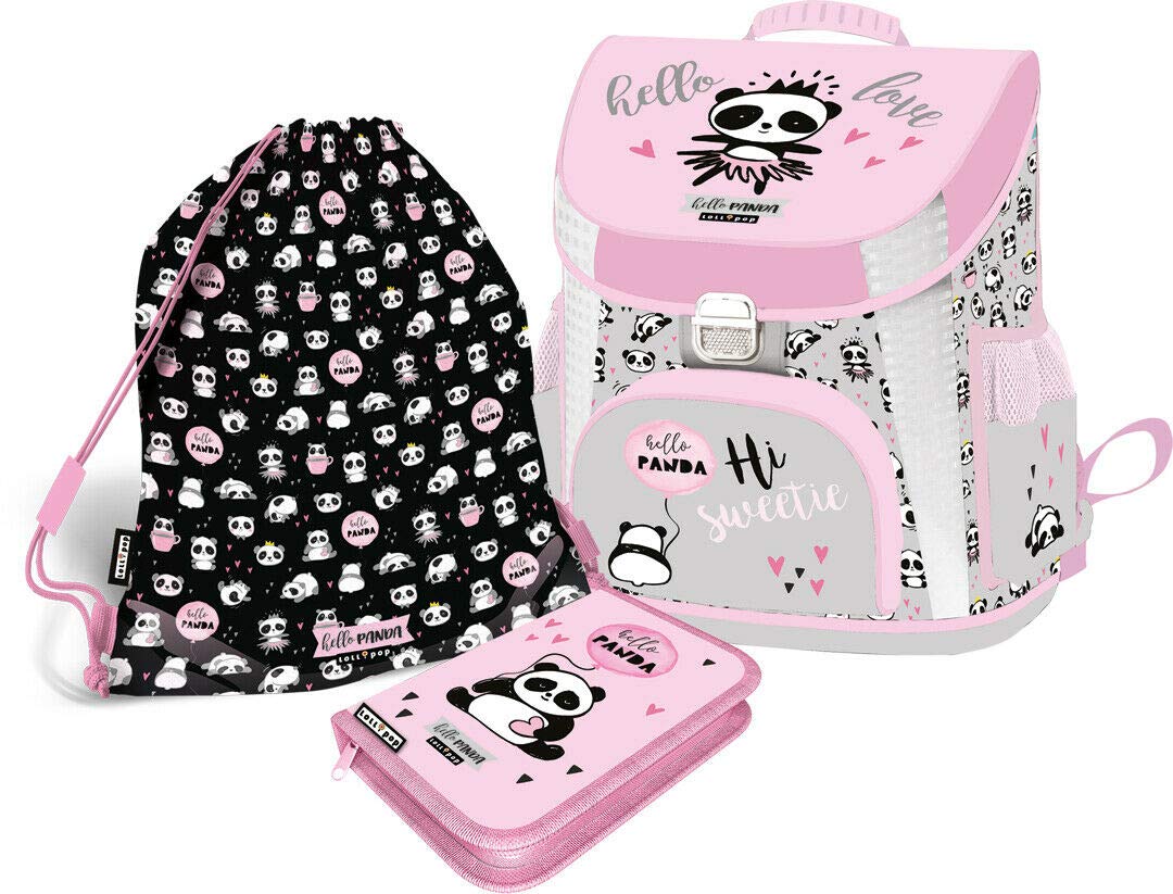 SCOOLSTAR Panda Schulranzen Mädchen 1 Klasse Tornister Schulrucksack Schultasche Set 3 teilig inkl.
