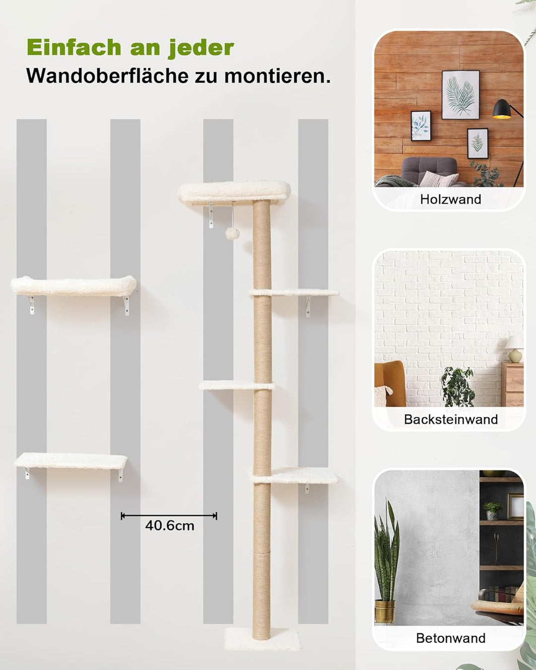 FUKUMARU Kletterwand Katzen-Set, 178 cm hoch, stabiles 3-in-1 Kratzbaum-Set aus mehrschichtigem Mass