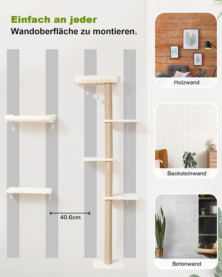 FUKUMARU Kletterwand Katzen-Set, 178 cm hoch, stabiles 3-in-1 Kratzbaum-Set aus mehrschichtigem Mass