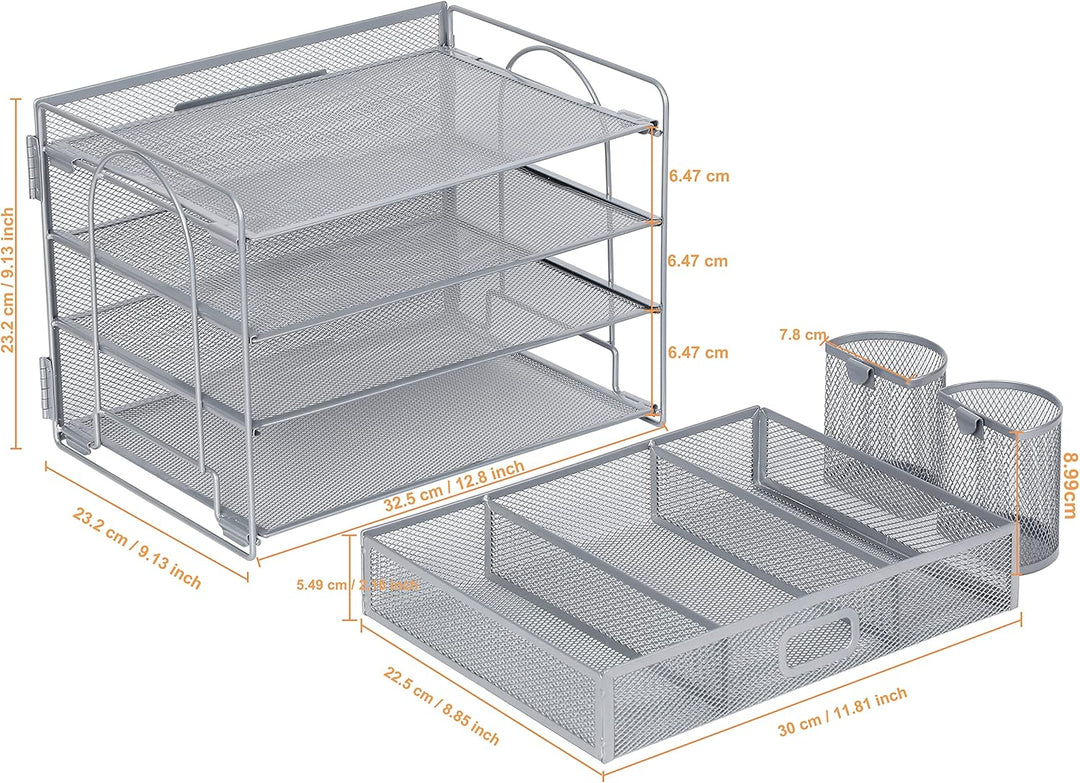 Vikmyer 4-Trays Desktop File Organizer, Mesh Office Desk Supplies Organizer Dokument Brieffachhalter