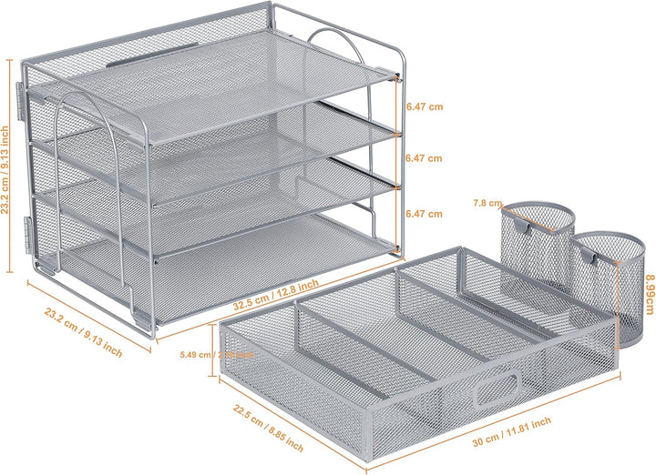 Vikmyer 4-Trays Desktop File Organizer, Mesh Office Desk Supplies Organizer Dokument Brieffachhalter