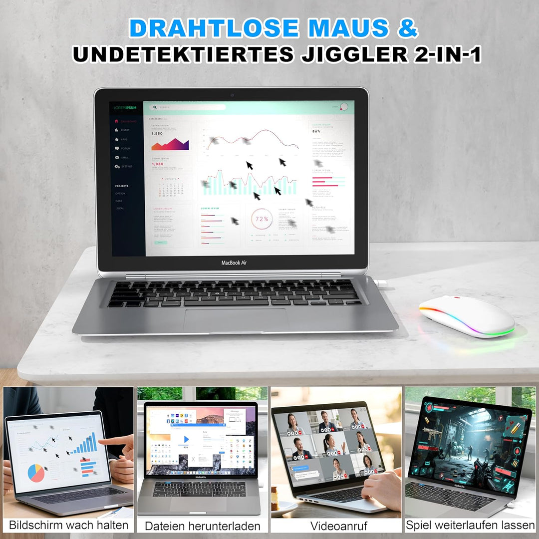 Azmall Kabellose Maus mit Jiggler-Modus – Bluetooth 5.2 & 2.4G Funk, für Laptop, PC, iOS, Android, i