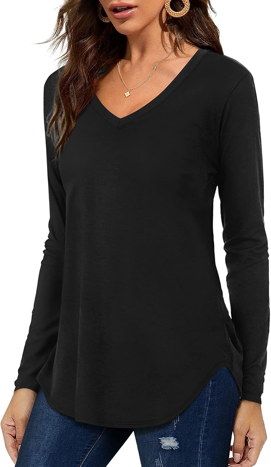 Florboom Tunika Damen Langarm/Kurzarm V Ausschnitt Oberteil Shirts Basic Casual Longshirt XXL A-asch