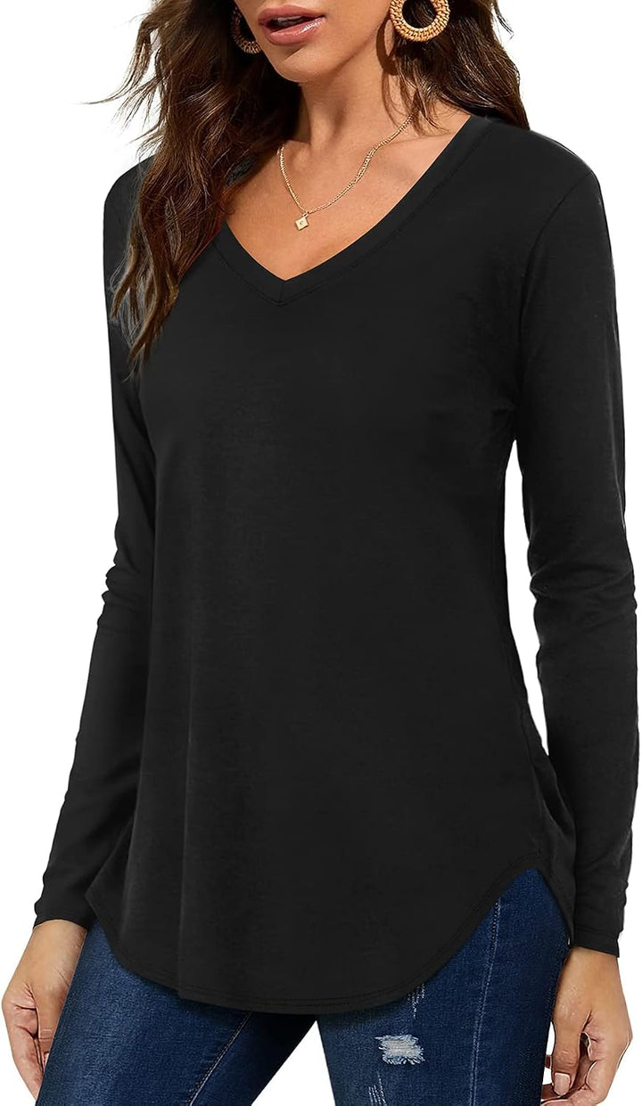 Florboom Tunika Damen Langarm/Kurzarm V Ausschnitt Oberteil Shirts Basic Casual Longshirt XXL A-asch