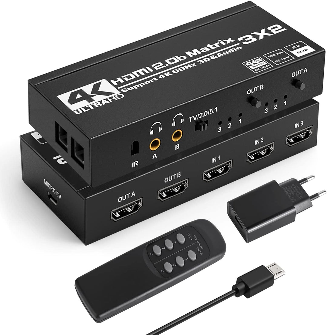 HDMI Matrix 3x2 - Tendak 4K@60Hz HDMI Switch Matrix 3 In 2 Out HDMI Umschalter + Optisch Spdif & 3,5