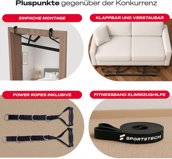 Sportstech Pullmate Klimmzugstange für Zuhause zum Einhängen, Türrahmenmontage ohne Schrauben, verst