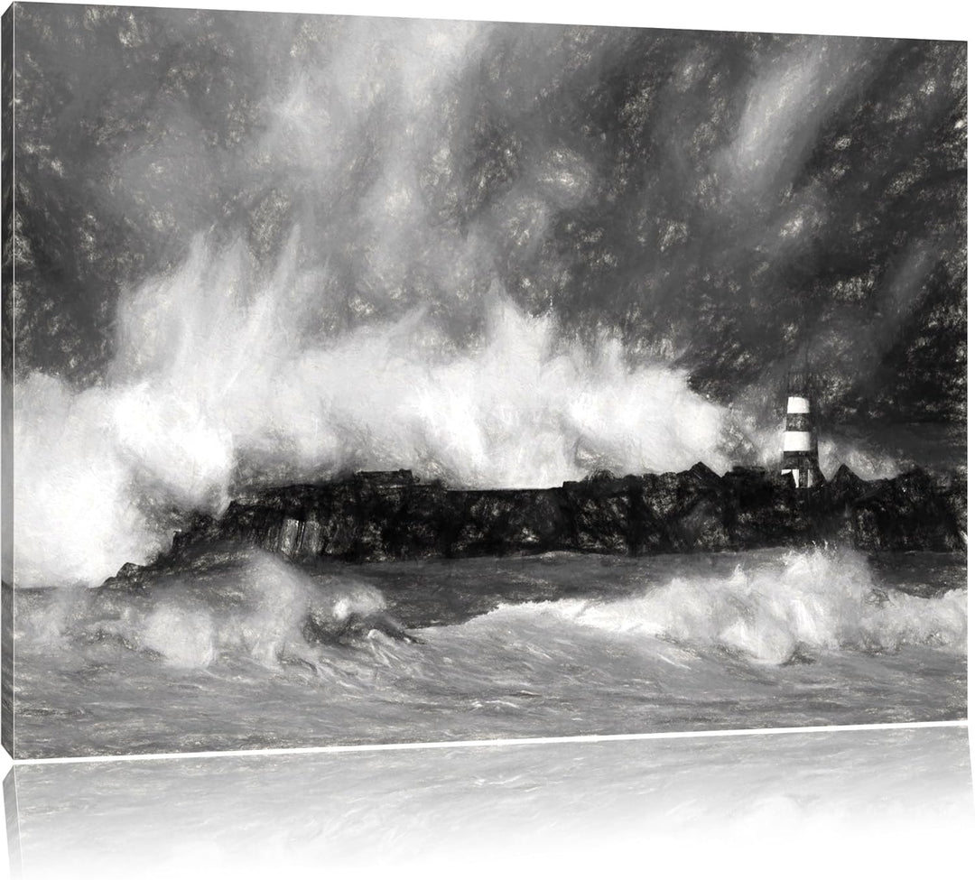 Pixxprint Tobendes Meer mit Leuchtturm als Leinwandbild/Grösse: 100x70 cm/Wandbild/Kunstdruck/fertig