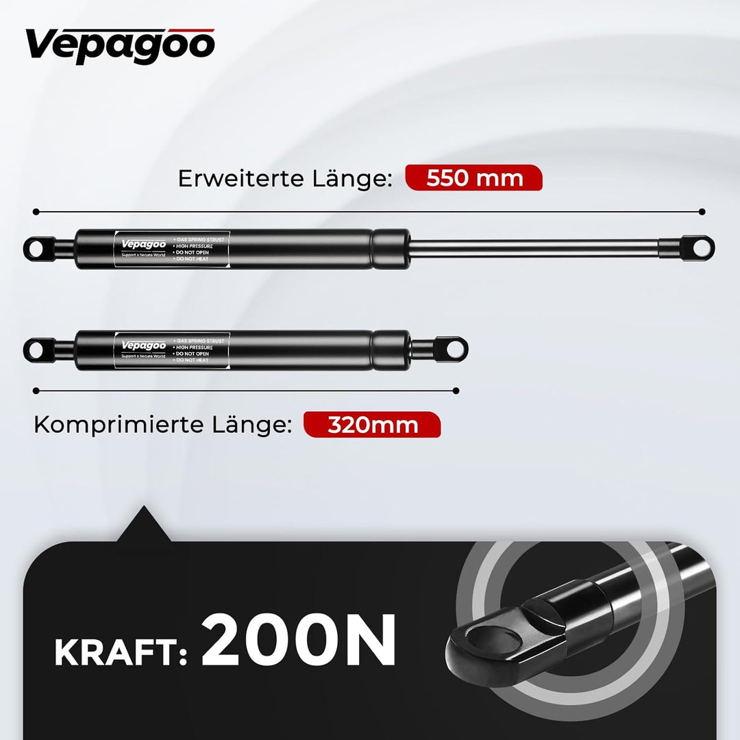 Vepagoo 550mm 200N Gasdruckdämpfer Gasdruckfeder, 20kg Gasfeder für Bettkasten, Türen, Bodenluken, S
