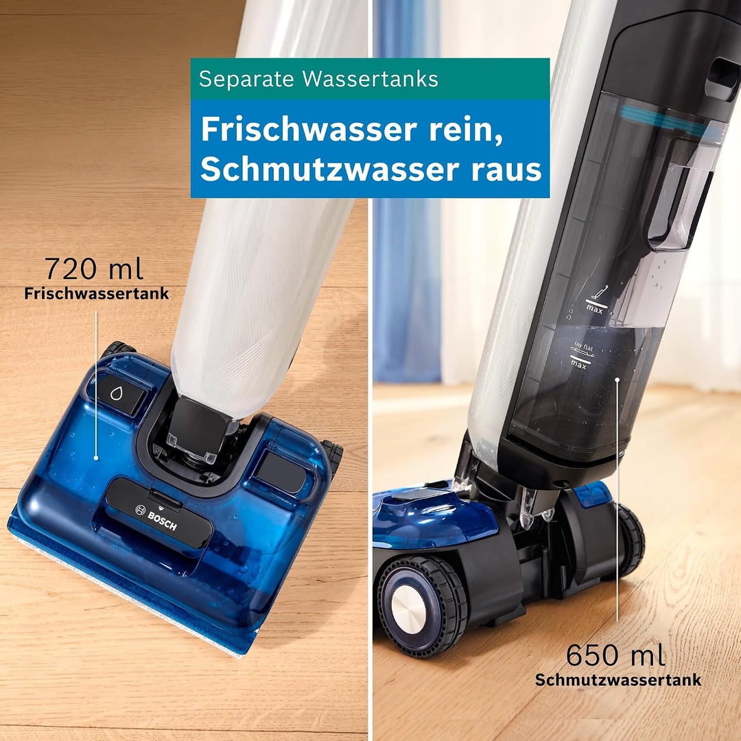 Bosch Nass-Trockensauger, Akku Staubsauger mit Wischfunktion, Zwei Tank-System, 180 Flachreinigung m