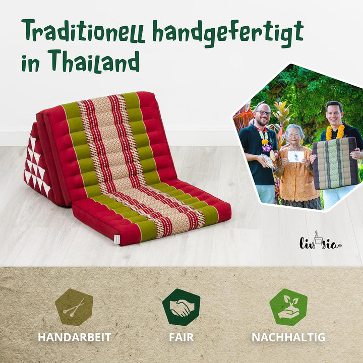 livasia Thaikissen 3 Auflagen extrahoch - 185x55x8cm - Dreieckskissen mit Klappmatratze, Kapok, Jumb