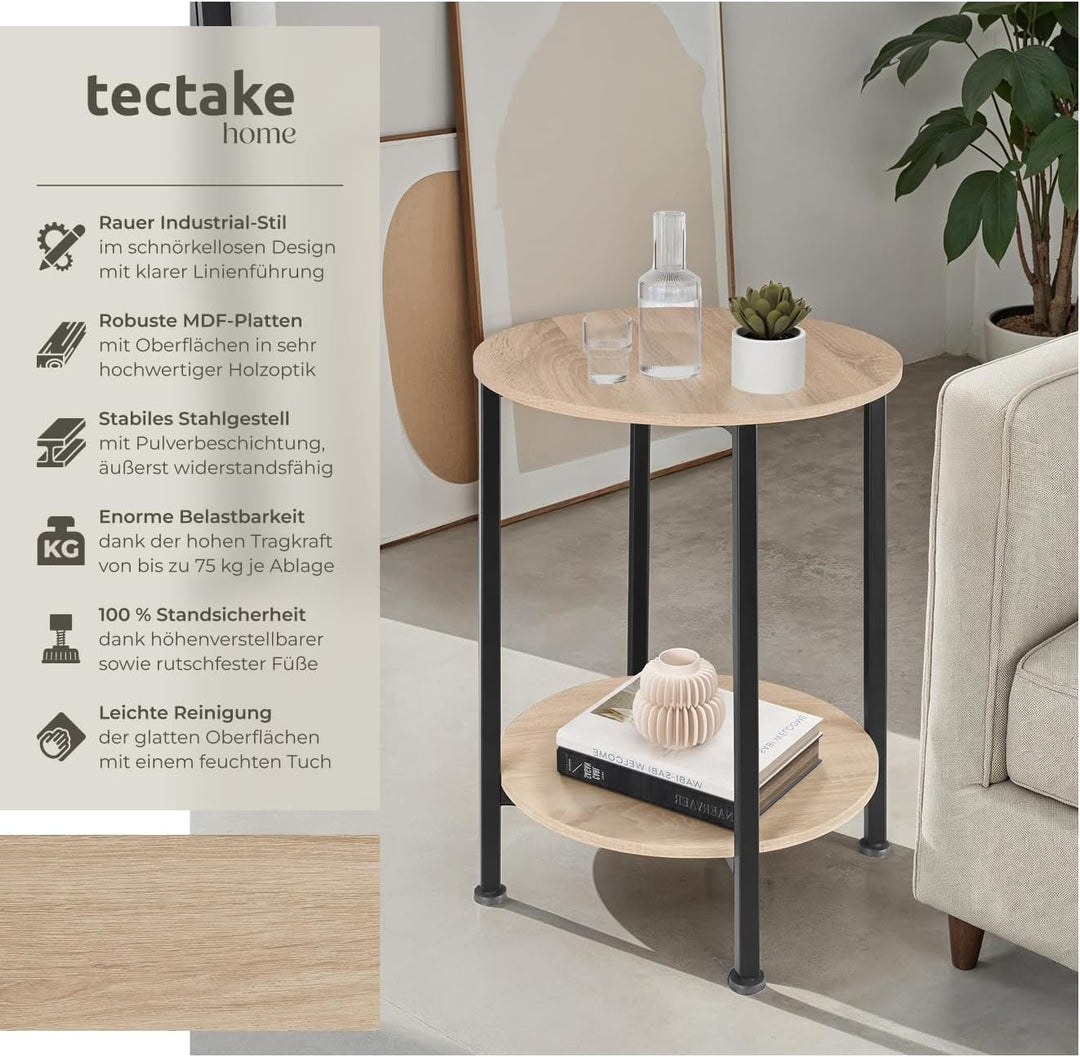 tectake Beistelltisch rund aus Holz und Metall, Industrie-Design, Couchtisch mit 2 Ablagen, für Wohn