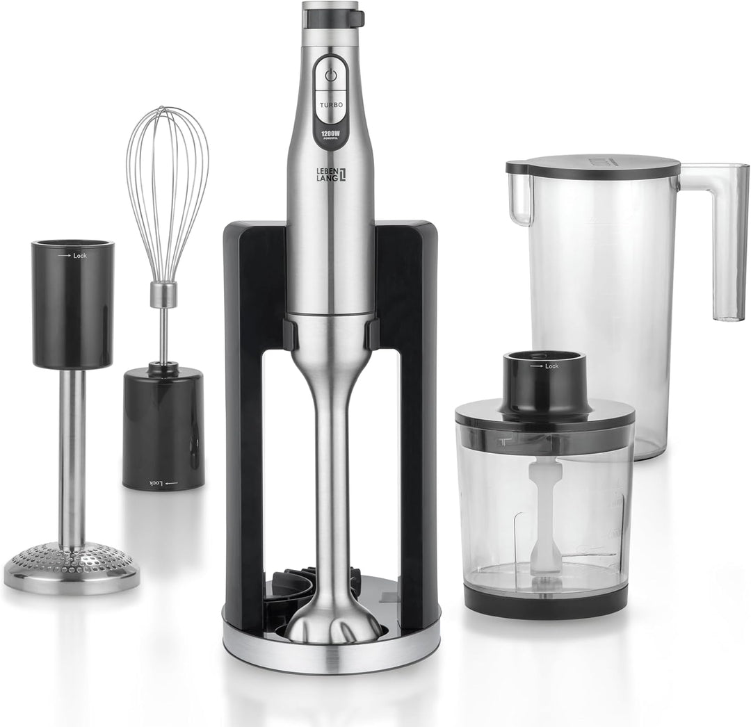 LEBENLANG Premium 1200W Stabmixer Set - Inkl. 5x Zubehör & Spritzschutz I Stufenlos verstellbar & Tu