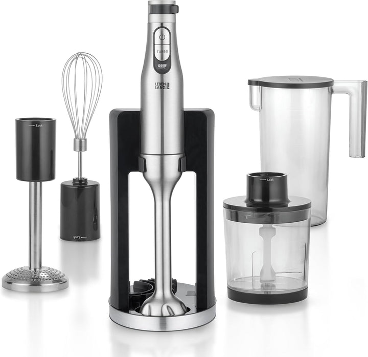 LEBENLANG Premium 1200W Stabmixer Set - Inkl. 5x Zubehör & Spritzschutz I Stufenlos verstellbar & Tu