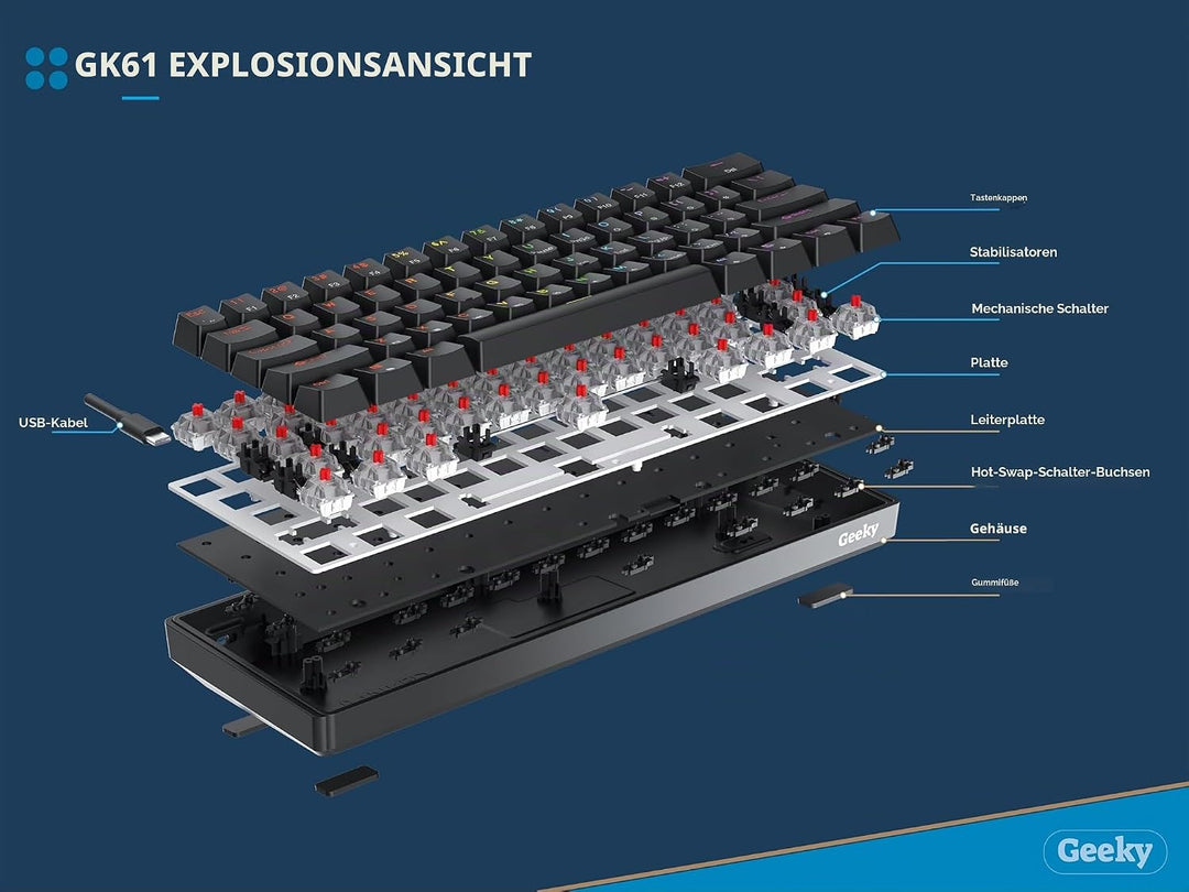 Geeky GK61 60% | Hot Swappable Mechanische Gaming-Tastatur | 61 Tasten Multi Color RGB LED Hintergru