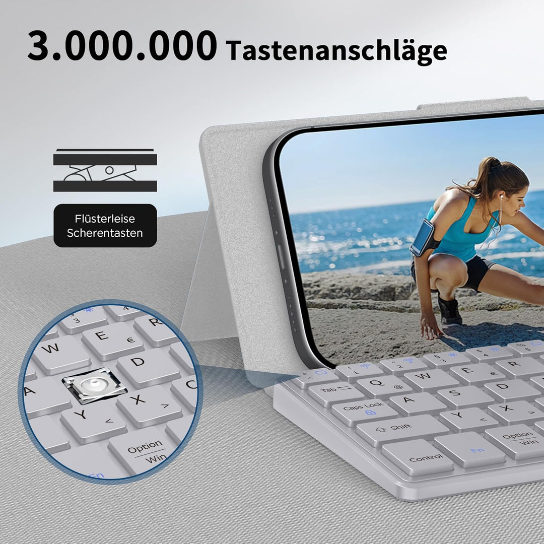 CACOE Mini Bluetooth Tastatur mit Ständer für Handy, Ultraflache Tragbare, Faltbare, Dual-Channel Ta