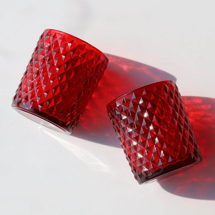 Rote Teelichter Gläser mit 12, Teelichthalter Glas für Tischdekorationen bei Hochzeiten, Rautenmuste