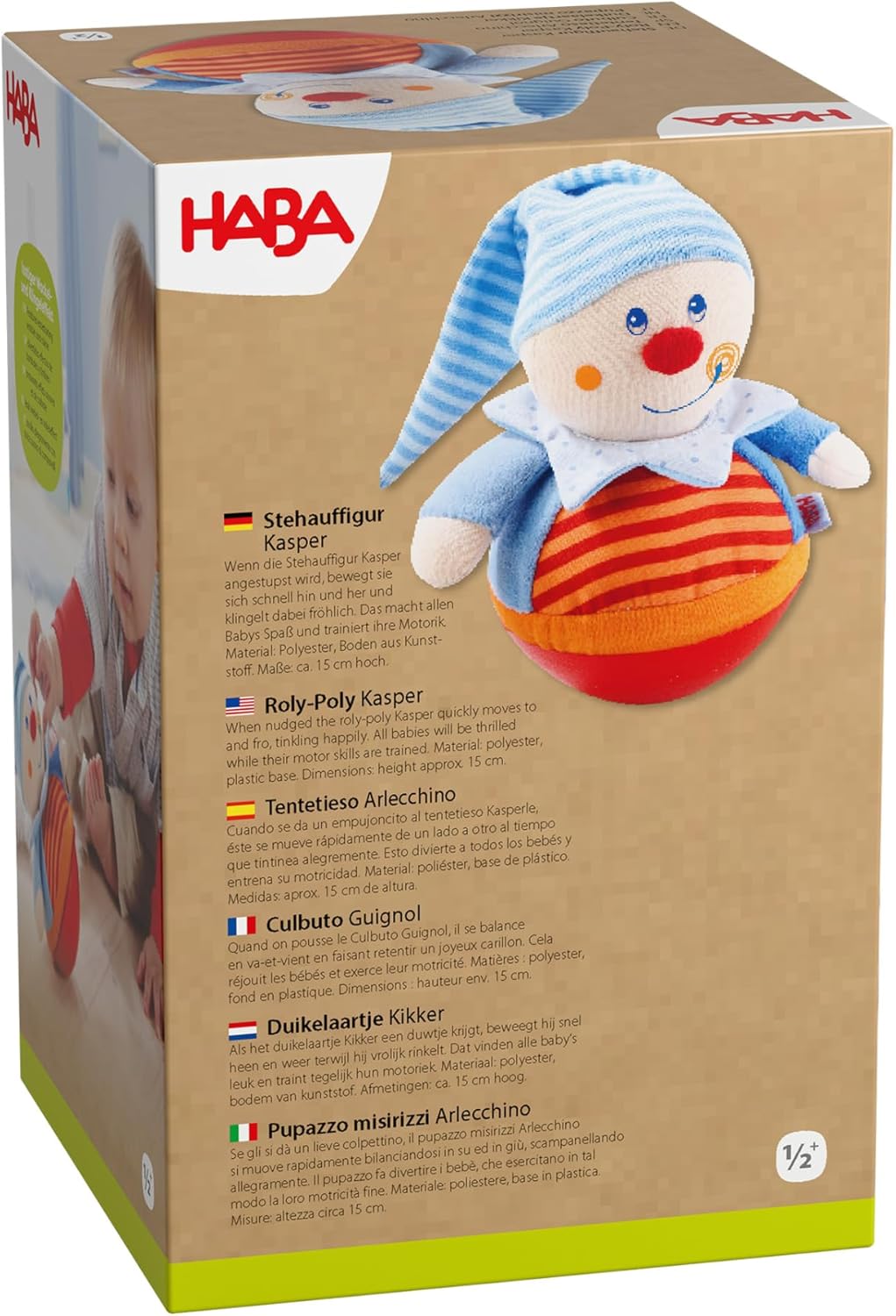 HABA Stehauffigur Kasper – Motorikspielzeug mit Wackel- & Klingeleffekt für Babys ab 6 Monaten – Wei