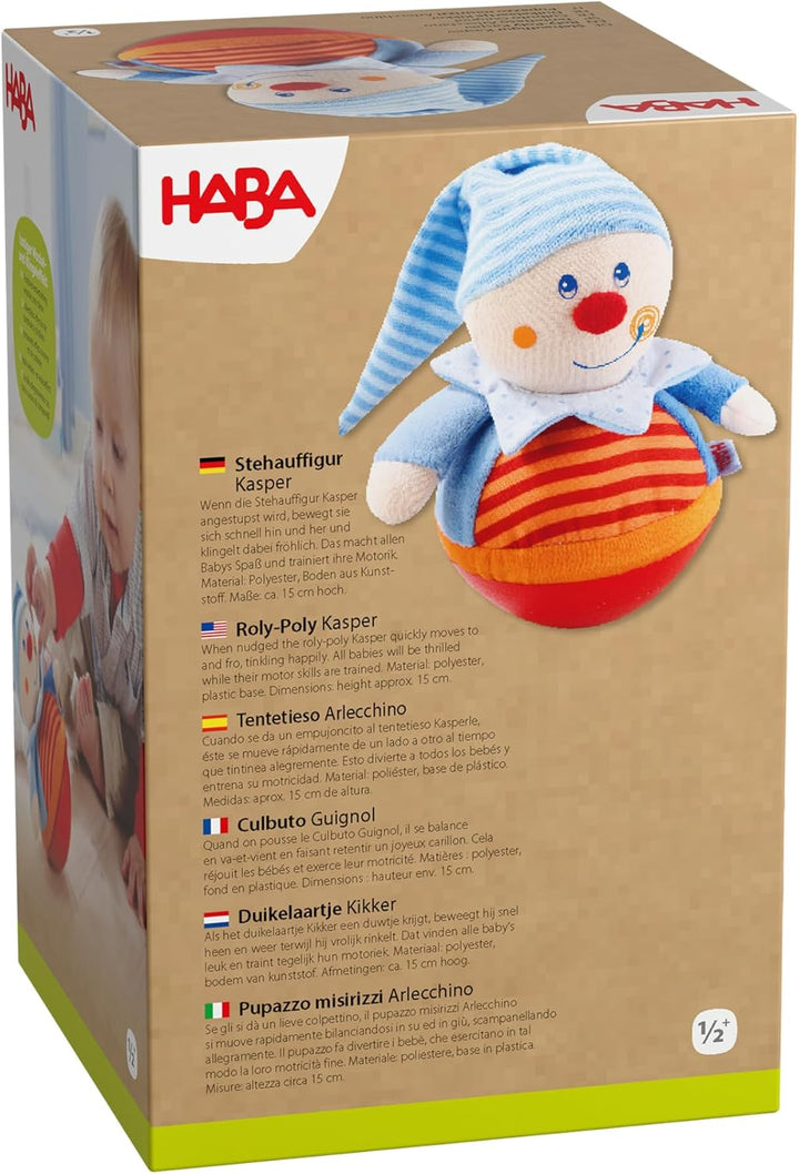HABA Stehauffigur Kasper – Motorikspielzeug mit Wackel- & Klingeleffekt für Babys ab 6 Monaten – Wei