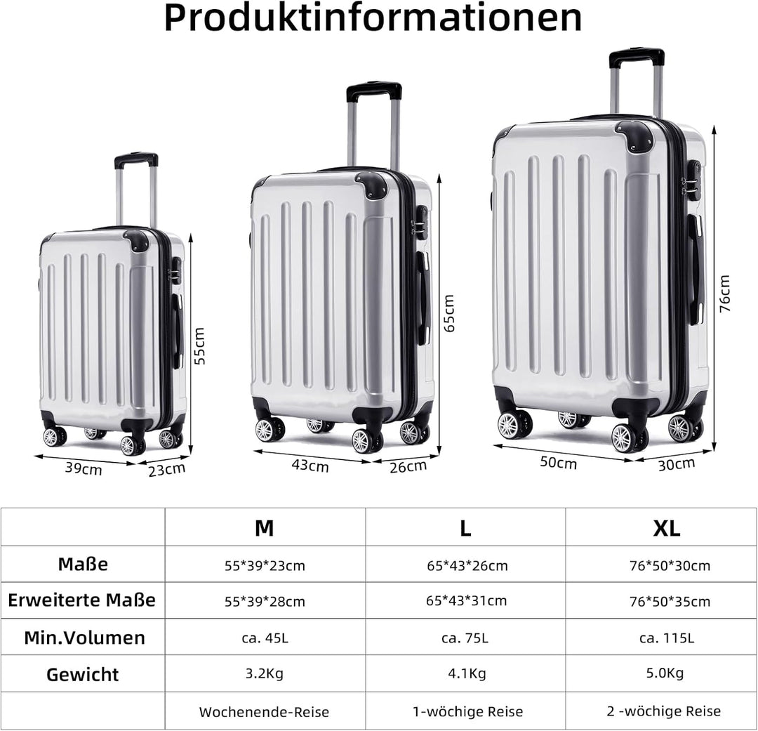 BEIBYE Hartschalen Koffer Trolley Rollkoffer Reisekoffer 4 Zwillingsrollen Polycabonat (Silber, 66cm