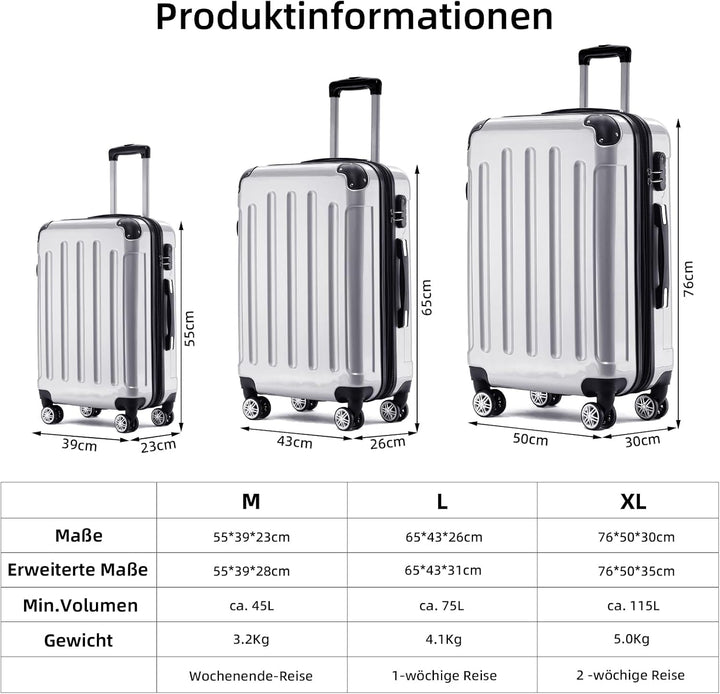 BEIBYE Hartschalen Koffer Trolley Rollkoffer Reisekoffer 4 Zwillingsrollen Polycabonat (Silber, 66cm