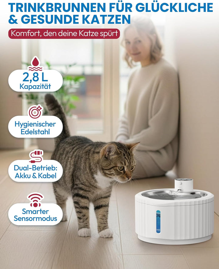 Miaura® Katzenbrunnen kabellos und super leise - Trinkbrunnen für Katze 2.8L Kapazität - Katzen Trin