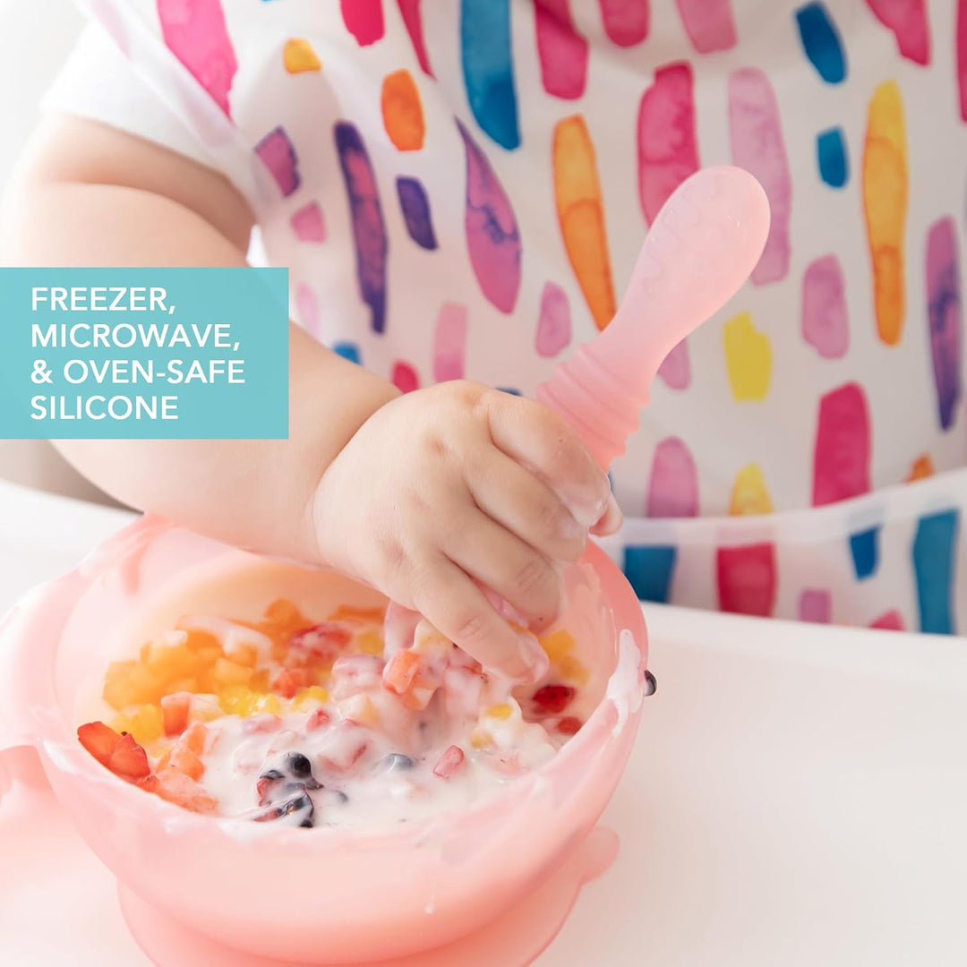 Bumkins - Erstes Baby Fütterungsset aus Silikon mit Saugnapf, Deckel und Löffel, Rosa Jelly, BPA-fre