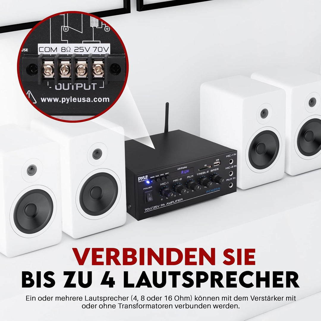 Pyle PA- Verstärker, Bluetooth Amplififer- 70 V/25 V mit 2 Mic- Eingängen, AUX, USB, SD, MP3, LED- D