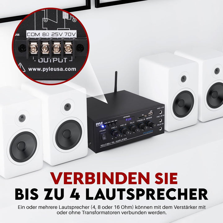 Pyle PA- Verstärker, Bluetooth Amplififer- 70 V/25 V mit 2 Mic- Eingängen, AUX, USB, SD, MP3, LED- D