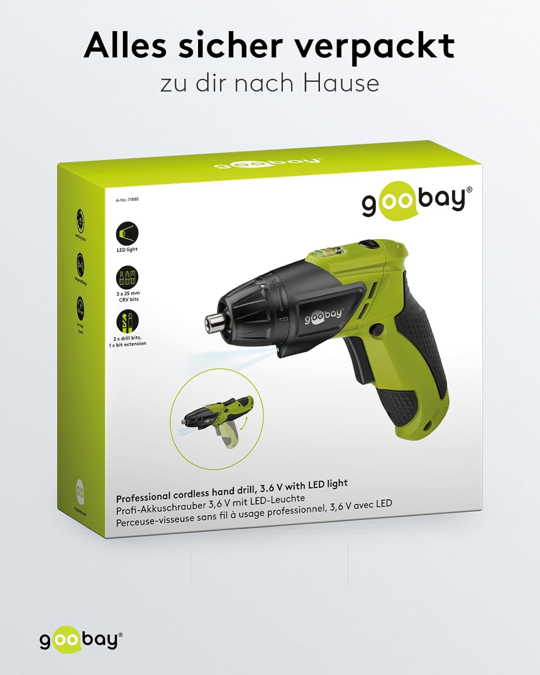 Goobay 71880 Akkuschrauber kompakter Knickschrauber mit Li-Ion Akku inklusive Bitsatz und Ladegerät,