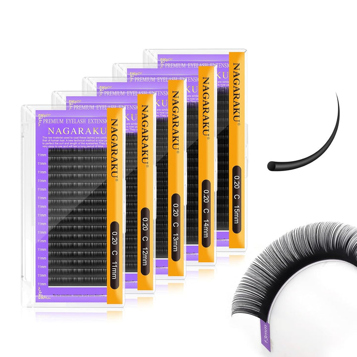 NAGARAKU 5 Tabletts 11/12/13/14/15mm 0.20 C Curl Einzelwimpern Individuell Wimpernverlängerung Dauer