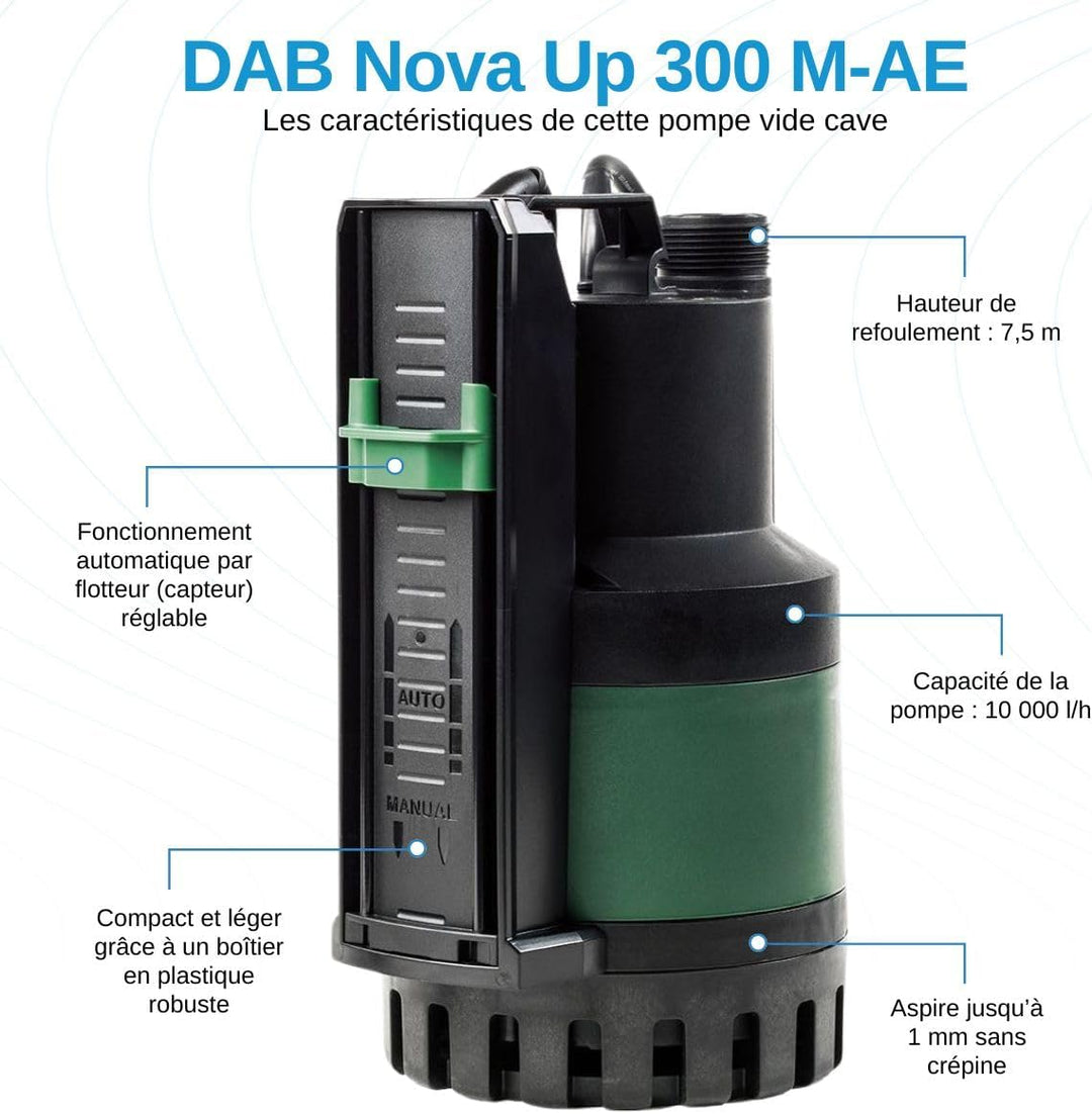 DAB Nova Up 300 M-AE mit Ablaufschlauch 7 Meter - Flachsauger-Tauchpumpe - 10.000 L/Std. - 380W - Fö