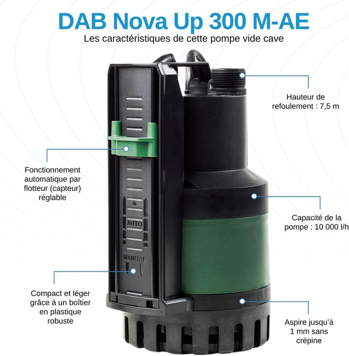 DAB Nova Up 300 M-AE mit Ablaufschlauch 7 Meter - Flachsauger-Tauchpumpe - 10.000 L/Std. - 380W - Fö