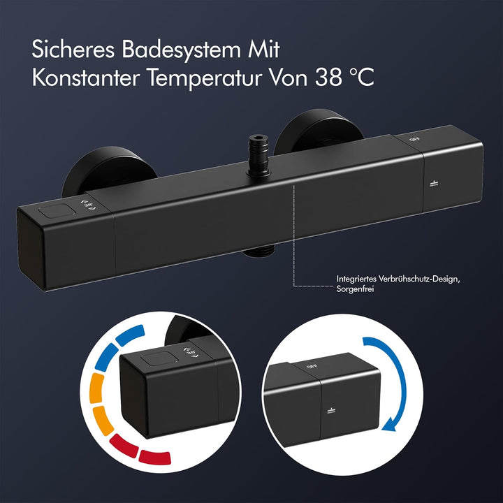 HOMELODY Duschsystem mit Thermostat & Duschablage Schwarz - Duscharmatur Komplettset mit Handbrause