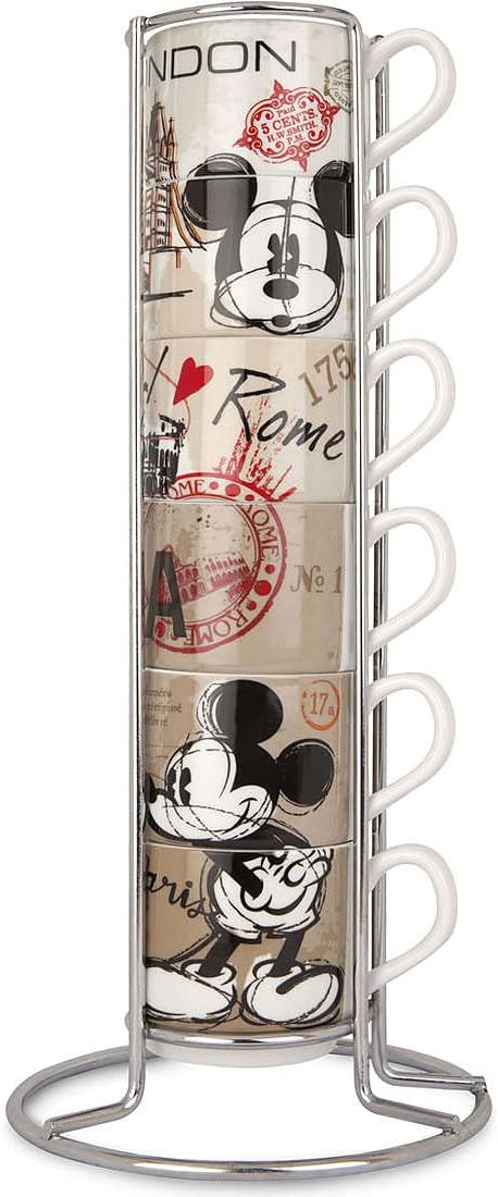 Egan, Porzellan, Set 6 Kaffeetassen Stapelbar Mickey Mouse In The City mit Mettallgestell, mehrfarbi